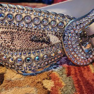 Unique Kippy's white leather belt with Snake Skin and Swarovski Crystals